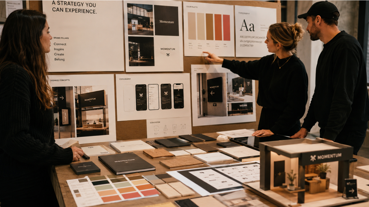 team reviewing brand strategy board with color palette and 3D model.